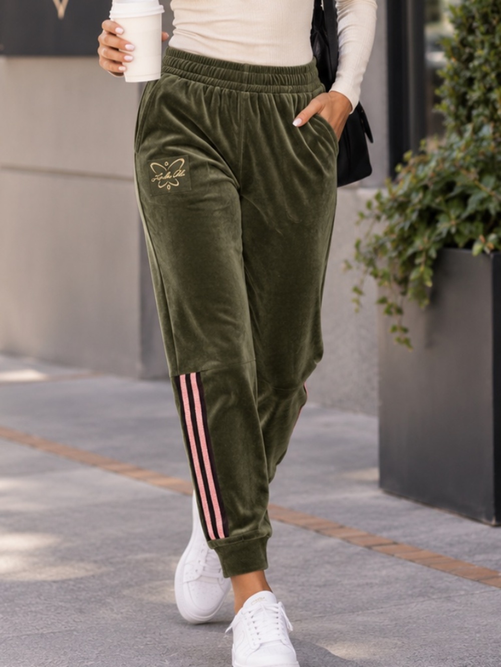 Laila Ali Olive Green Velour Jogger Pants Pink Stripe Size S NWOT
